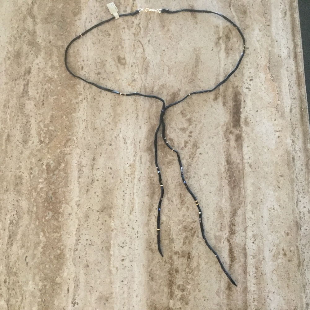 BRAND NEW Chan Luu 24” Black Saddle Leather Necklace with Gold & Pearl Accents